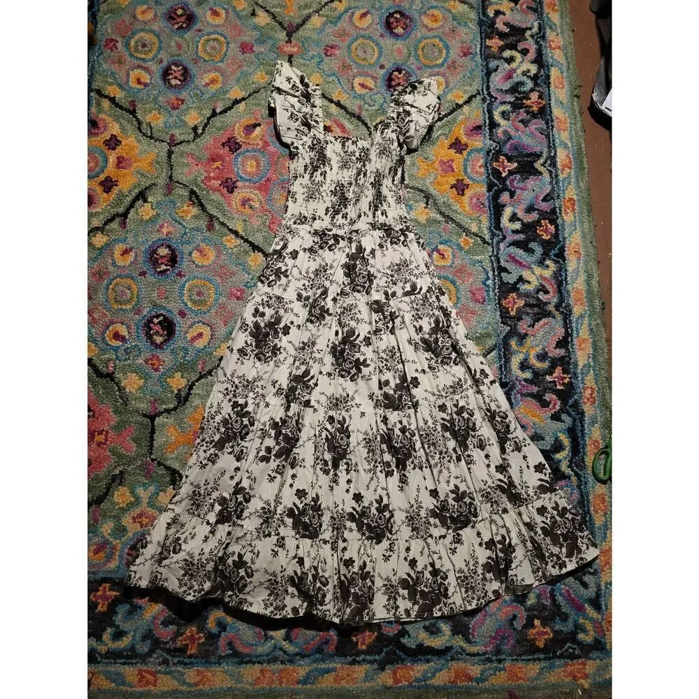 Lini Smocked Ruffle Sleeve Floral Midi Dress Ivory Black Women's Small